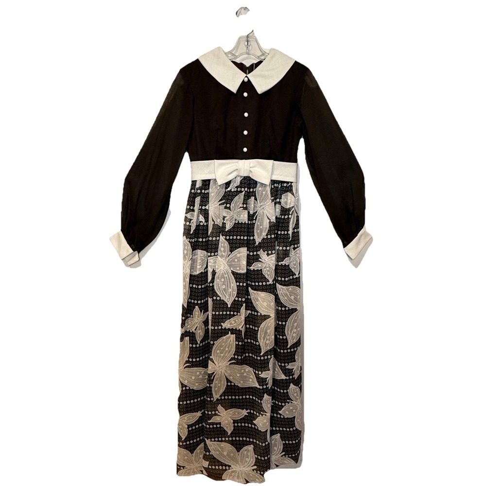 Vintage 70s Brown White Full Length Maxi Column Formal Evening Floral Dress SM